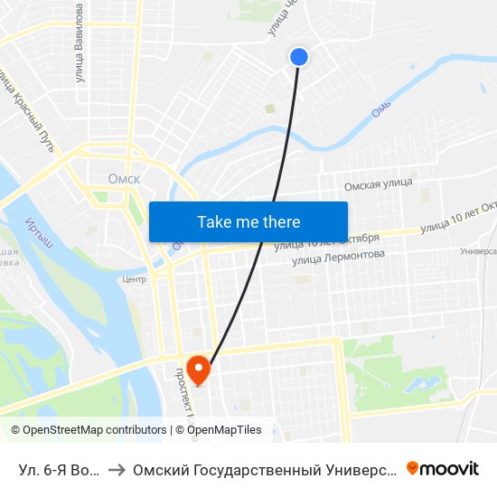 Ул. 6-Я Восточная to Омский Государственный Университет Путей Сообщения map