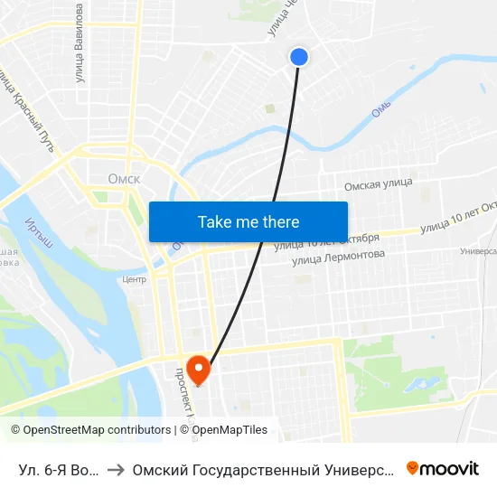 Ул. 6-Я Восточная to Омский Государственный Университет Путей Сообщения map