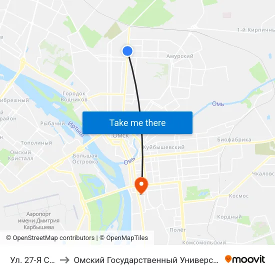 Ул. 27-Я Северная to Омский Государственный Университет Путей Сообщения map