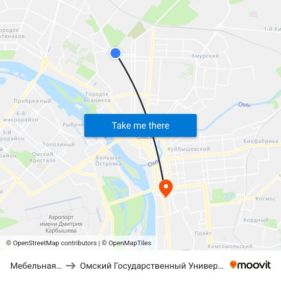 Мебельная Фабрика to Омский Государственный Университет Путей Сообщения map