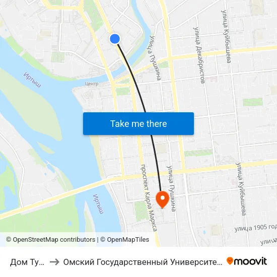 Дом Туриста to Омский Государственный Университет Путей Сообщения map