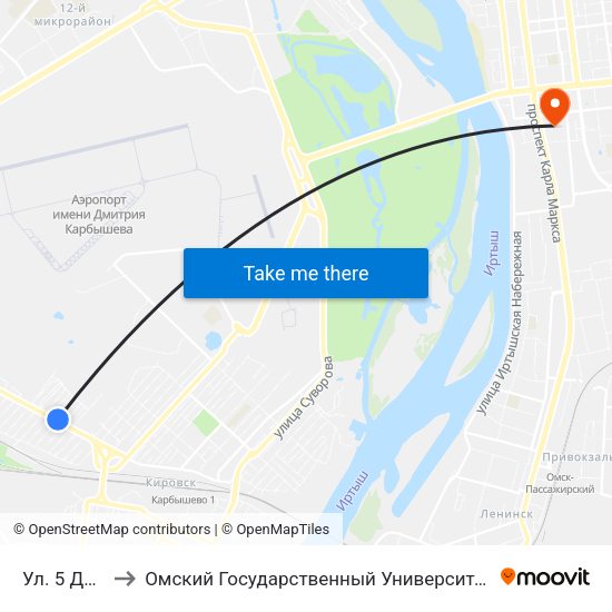 Ул. 5 Декабря to Омский Государственный Университет Путей Сообщения map