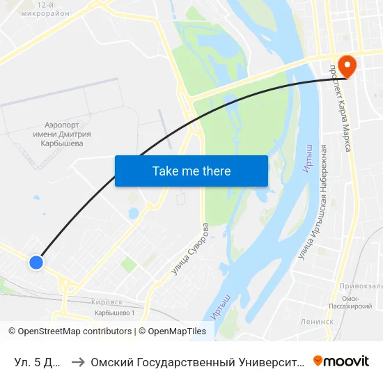 Ул. 5 Декабря to Омский Государственный Университет Путей Сообщения map