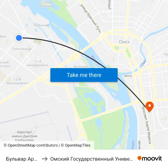 Бульвар Архитекторов to Омский Государственный Университет Путей Сообщения map