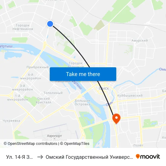 Ул. 14-Я Заозерная to Омский Государственный Университет Путей Сообщения map