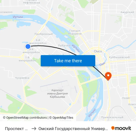 Проспект Комарова to Омский Государственный Университет Путей Сообщения map