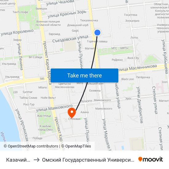 Казачий Рынок to Омский Государственный Университет Путей Сообщения map