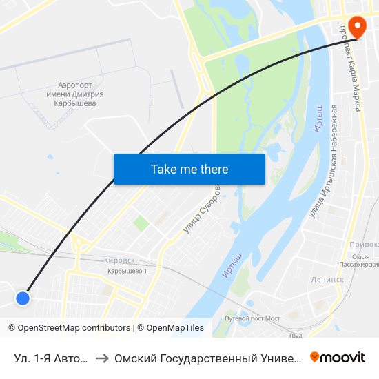 Ул. 1-Я Автомобильная to Омский Государственный Университет Путей Сообщения map