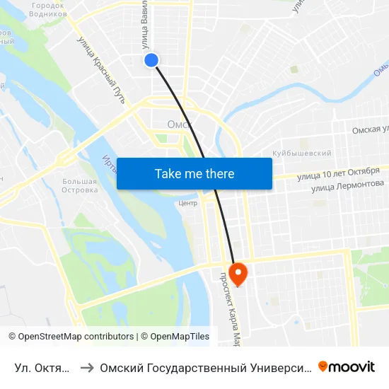 Ул. Октябрьская to Омский Государственный Университет Путей Сообщения map