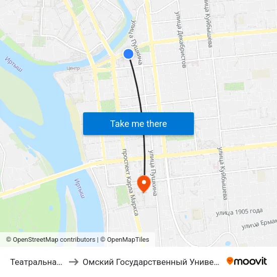 Театральная Площадь to Омский Государственный Университет Путей Сообщения map