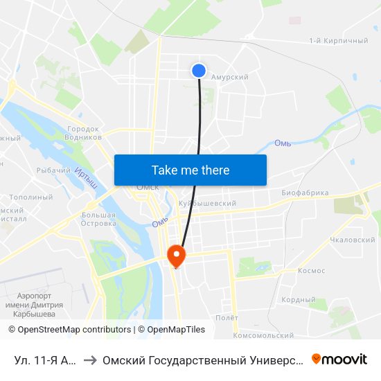 Ул. 11-Я Амурская to Омский Государственный Университет Путей Сообщения map