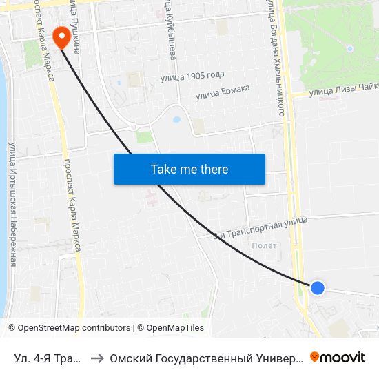 Ул. 4-Я Транспортная to Омский Государственный Университет Путей Сообщения map