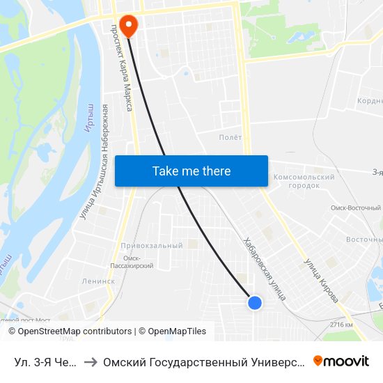 Ул. 3-Я Чередовая to Омский Государственный Университет Путей Сообщения map