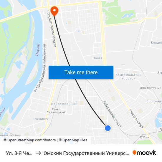 Ул. 3-Я Чередовая to Омский Государственный Университет Путей Сообщения map