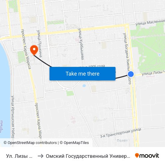 Ул. Лизы Чайкиной to Омский Государственный Университет Путей Сообщения map
