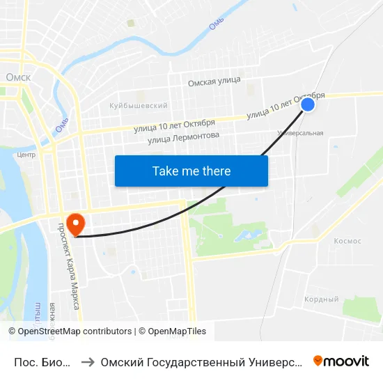 Пос. Биофабрика to Омский Государственный Университет Путей Сообщения map