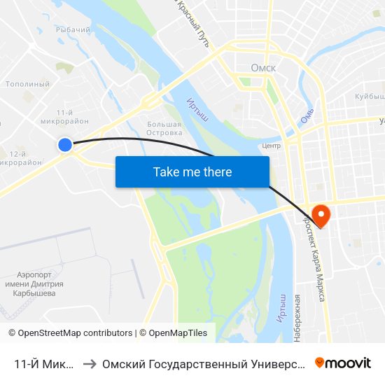 11-Й Микрорайон to Омский Государственный Университет Путей Сообщения map