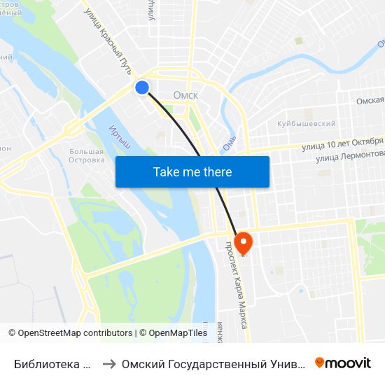 Библиотека Им. Пушкина to Омский Государственный Университет Путей Сообщения map
