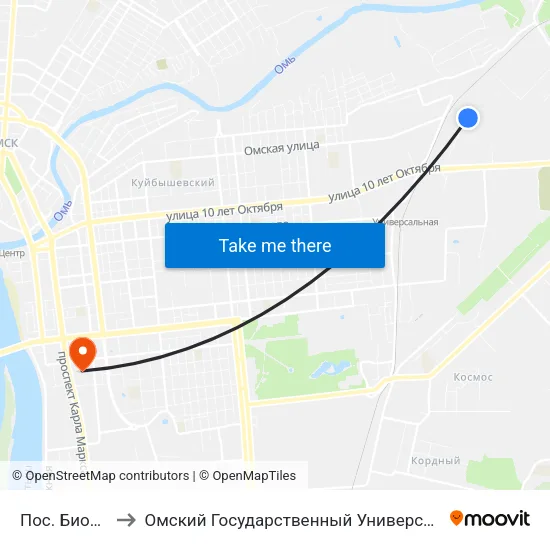 Пос. Биофабрика to Омский Государственный Университет Путей Сообщения map