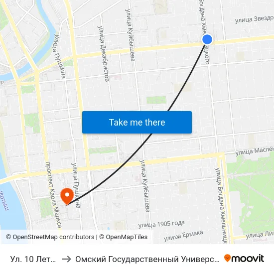Ул. 10 Лет Октября to Омский Государственный Университет Путей Сообщения map
