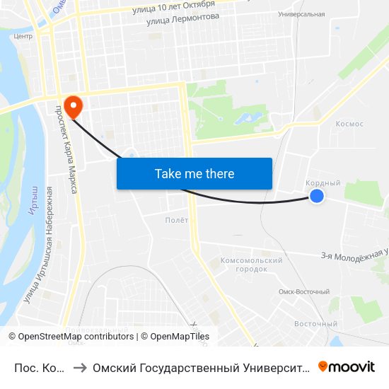 Пос. Кордный to Омский Государственный Университет Путей Сообщения map