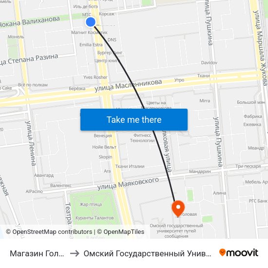 Магазин Голубой Огонек to Омский Государственный Университет Путей Сообщения map