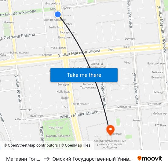 Магазин Голубой Огонек to Омский Государственный Университет Путей Сообщения map