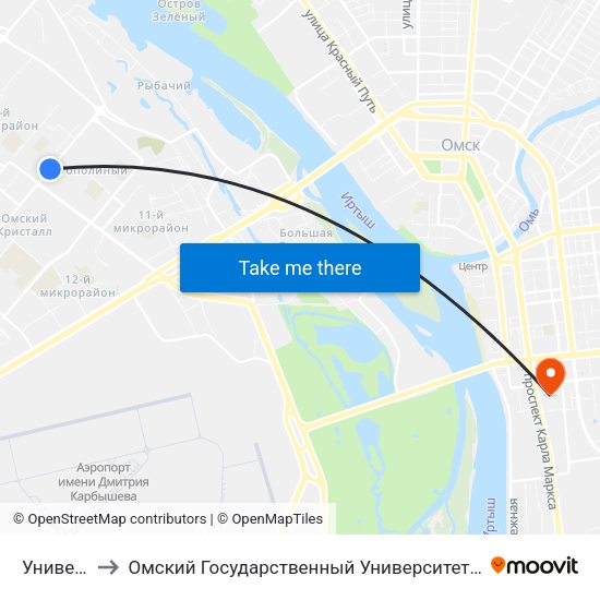Универсам to Омский Государственный Университет Путей Сообщения map