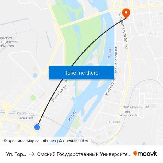 Ул. Торговая to Омский Государственный Университет Путей Сообщения map