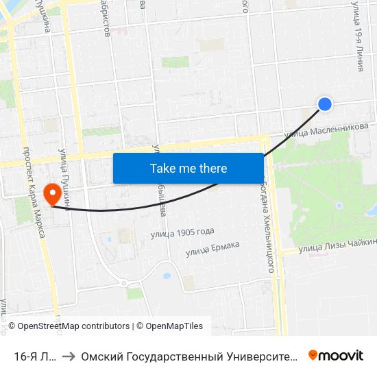 16-Я Линия to Омский Государственный Университет Путей Сообщения map