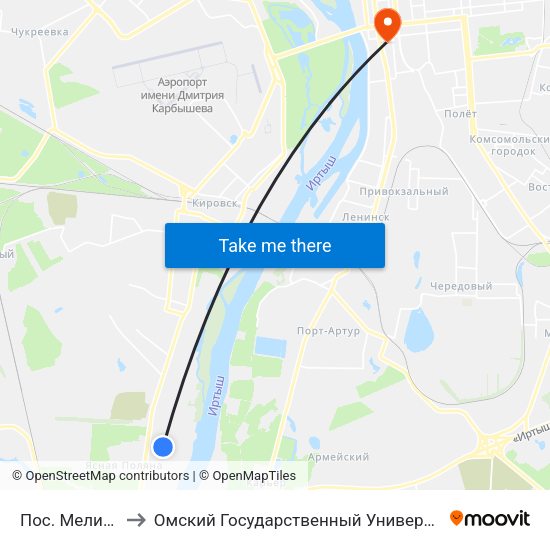 Пос. Мелиораторов to Омский Государственный Университет Путей Сообщения map