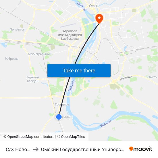 C/Х Новоомский to Омский Государственный Университет Путей Сообщения map