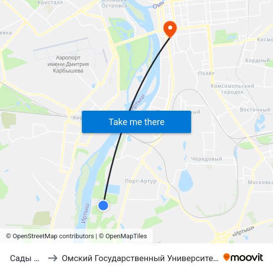 Сады Заря-2 to Омский Государственный Университет Путей Сообщения map