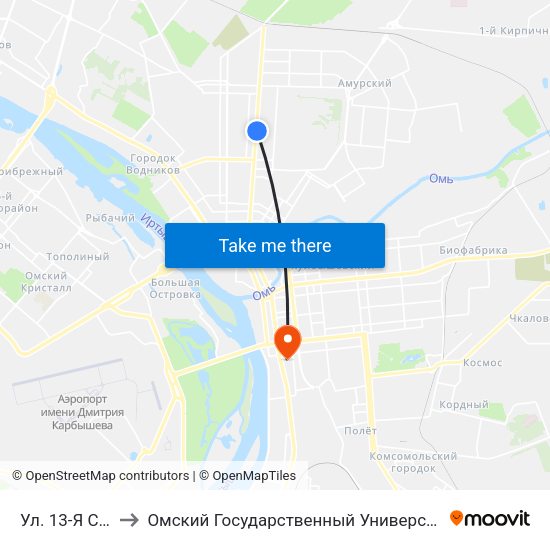 Ул. 13-Я Северная to Омский Государственный Университет Путей Сообщения map