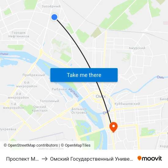 Проспект Менделеева to Омский Государственный Университет Путей Сообщения map