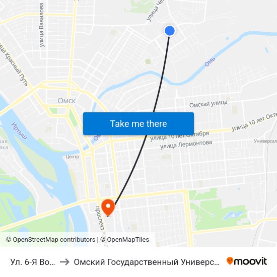 Ул. 6-Я Восточная to Омский Государственный Университет Путей Сообщения map