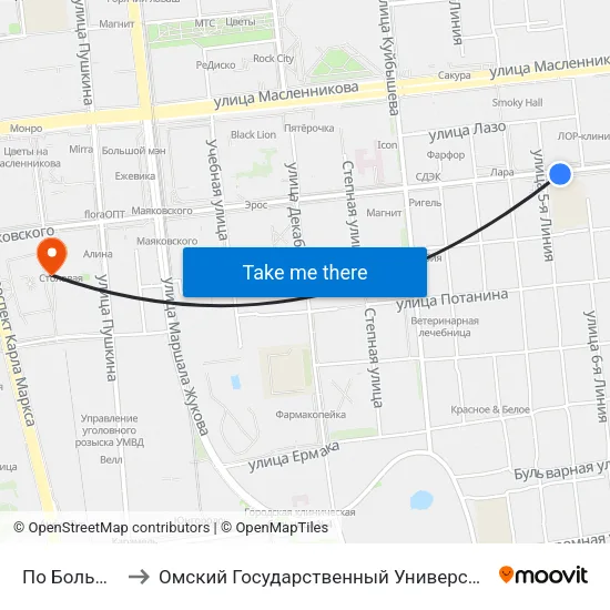 По Большевичка to Омский Государственный Университет Путей Сообщения map