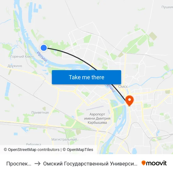 Проспект Мира to Омский Государственный Университет Путей Сообщения map