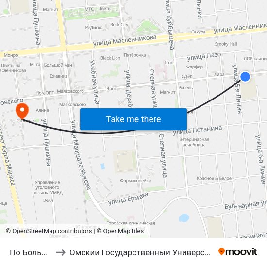 По Большевичка to Омский Государственный Университет Путей Сообщения map