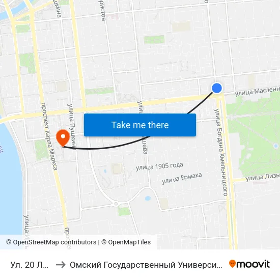 Ул. 20 Лет Ркка to Омский Государственный Университет Путей Сообщения map