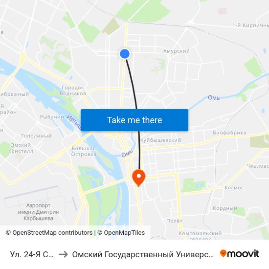 Ул. 24-Я Северная to Омский Государственный Университет Путей Сообщения map