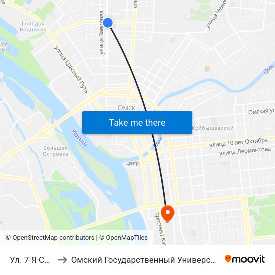 Ул. 7-Я Северная to Омский Государственный Университет Путей Сообщения map