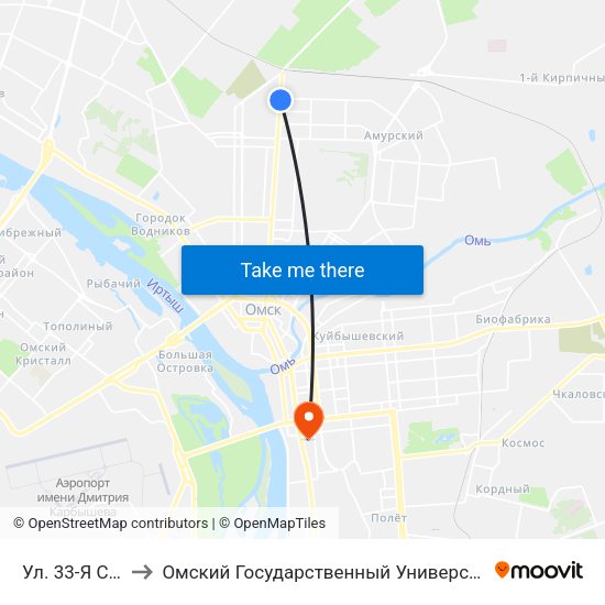 Ул. 33-Я Северная to Омский Государственный Университет Путей Сообщения map