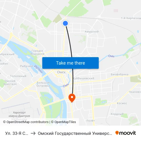 Ул. 33-Я Северная to Омский Государственный Университет Путей Сообщения map