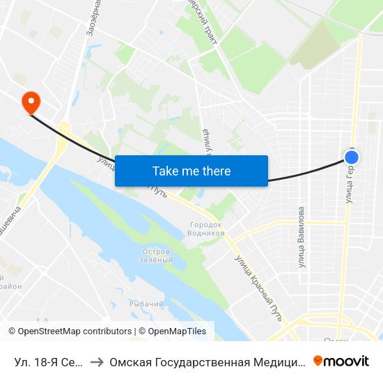 Ул. 18-Я Северная to Омская Государственная Медицинская Академия map