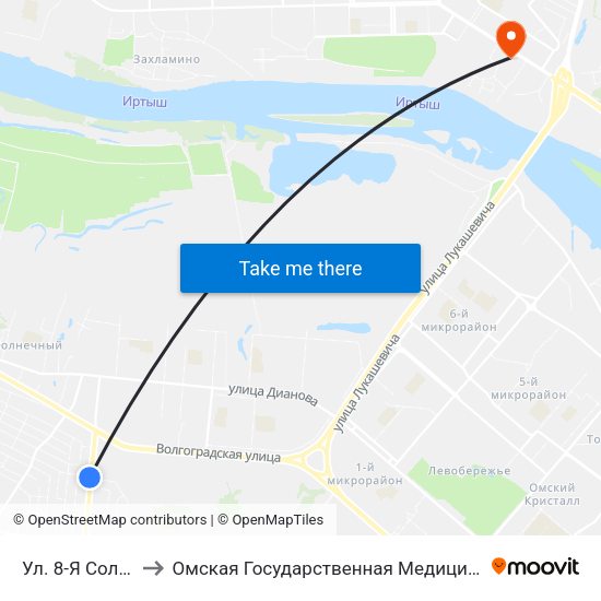 Ул. 8-Я Солнечная to Омская Государственная Медицинская Академия map