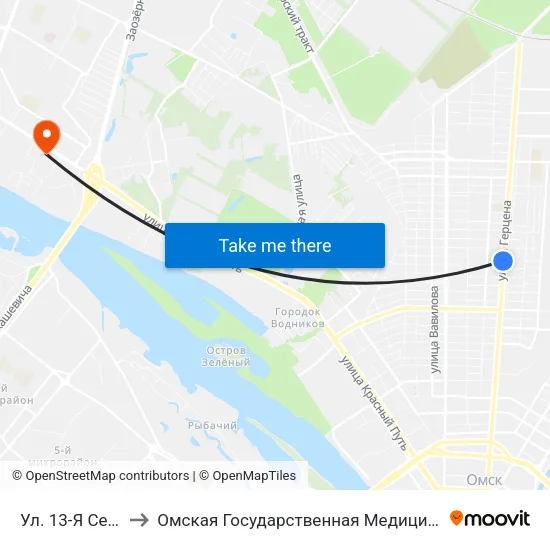 Ул. 13-Я Северная to Омская Государственная Медицинская Академия map