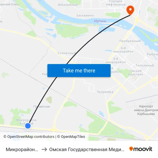 Микрорайон Входной to Омская Государственная Медицинская Академия map
