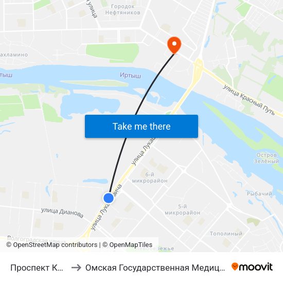 Проспект Комарова to Омская Государственная Медицинская Академия map