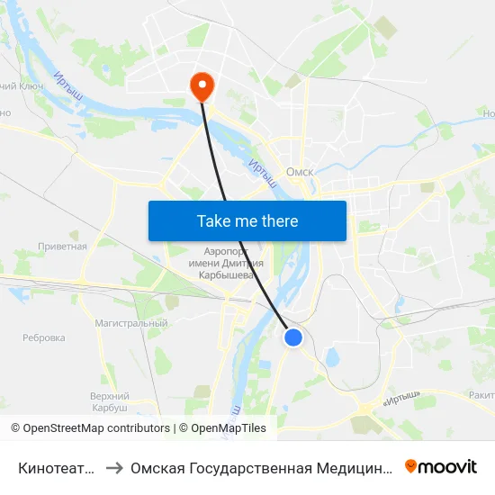 Кинотеатр Мир to Омская Государственная Медицинская Академия map
